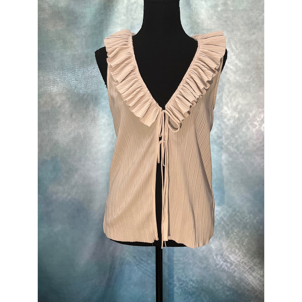 Zara Women Cream‎ Pleated Ruffle V-Neck Tie Front Sleeveless Top Size M 0881/103